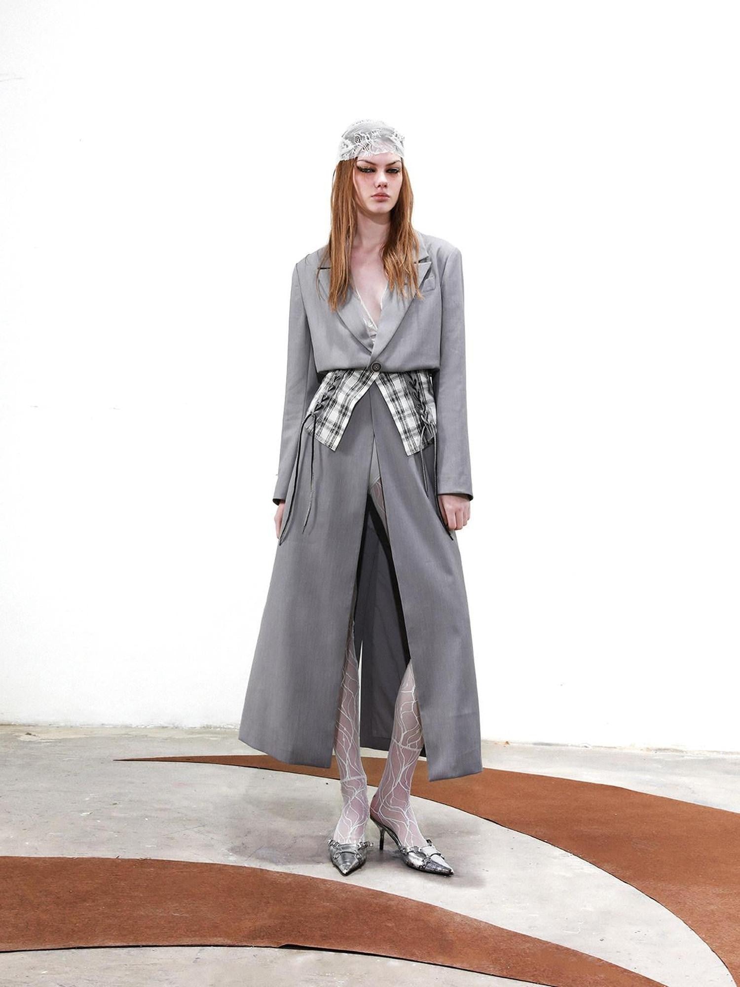 NORTH NODE Checked Detachable Waist Belt Lapel Women&