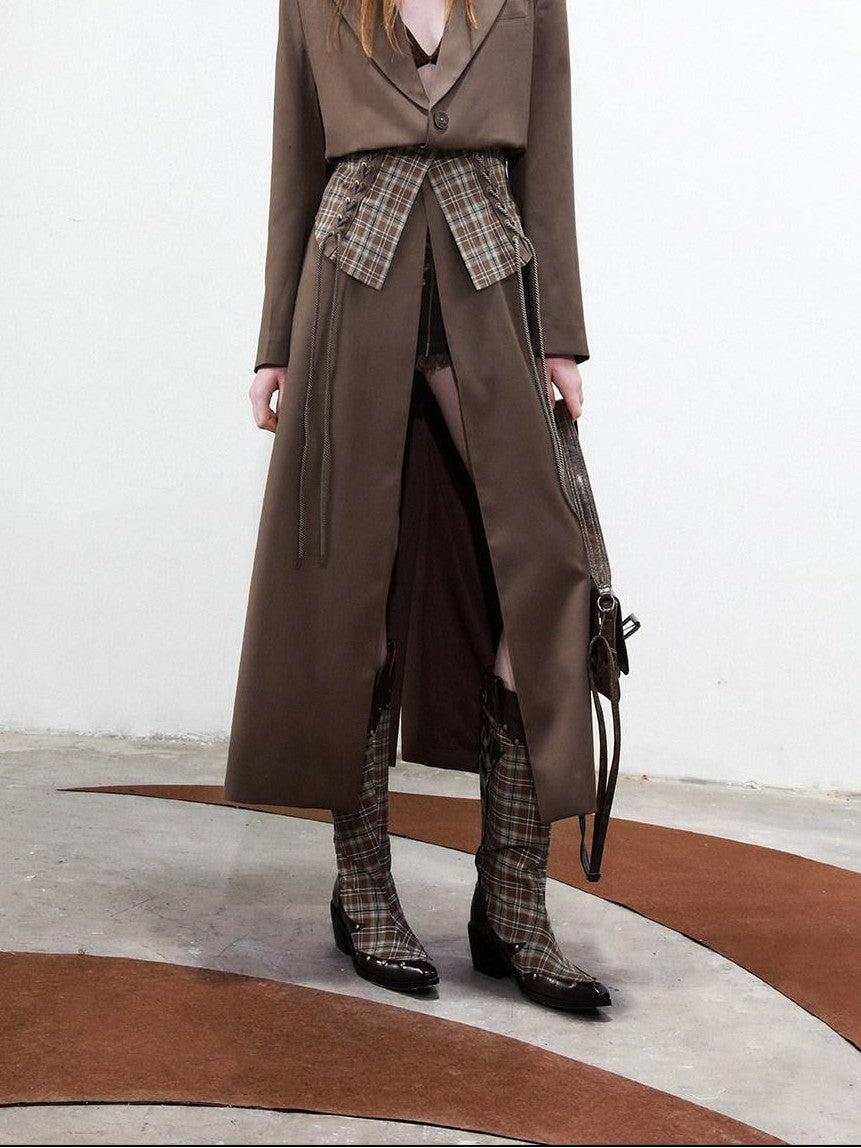 NORTH NODE Checked Detachable Waist Belt Lapel Women&