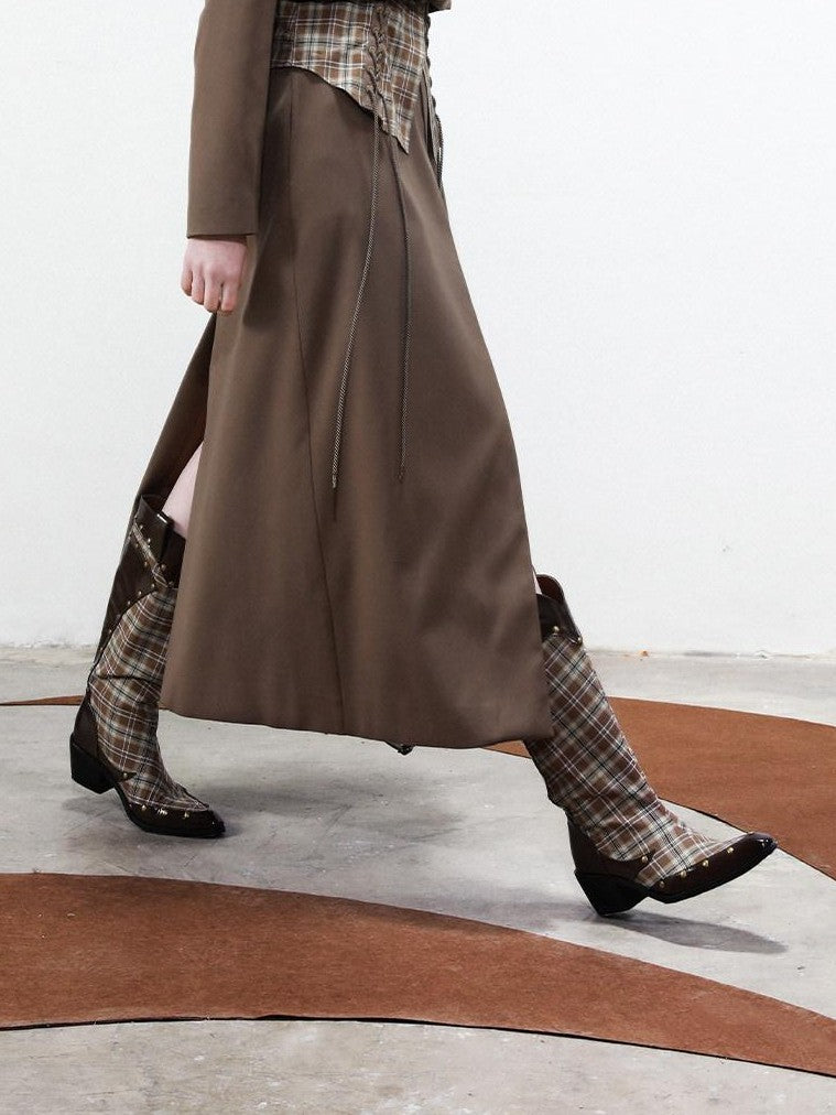 NORTH NODE Checked Detachable Waist Belt Lapel Women&