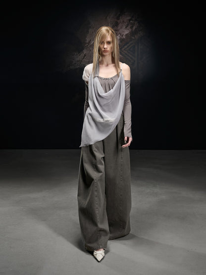 NORTH NODE Chiffon Splice Asymmetric Off Shoulder Women&