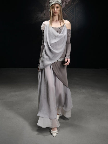 NORTH NODE Chiffon Splice Asymmetric Off Shoulder Women&
