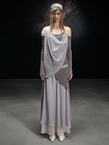 NORTH NODE Chiffon Splice Asymmetric Off Shoulder Women&