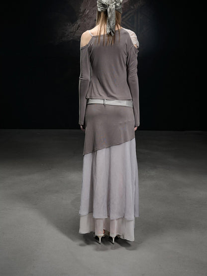 NORTH NODE Chiffon Splice Asymmetric Off Shoulder Women&