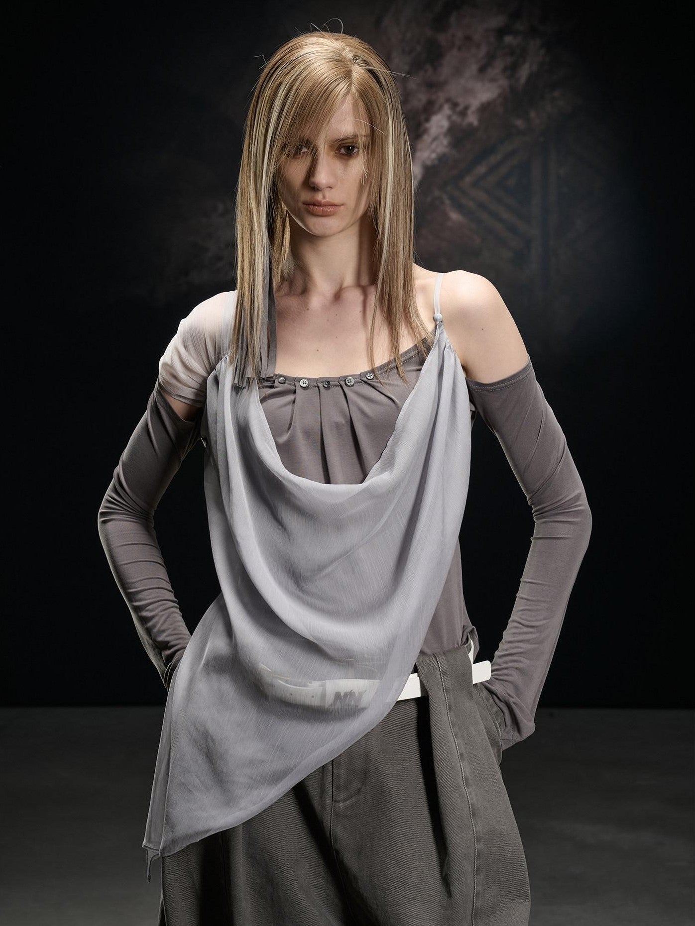 NORTH NODE Chiffon Splice Asymmetric Off Shoulder Women&