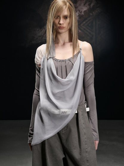 NORTH NODE Chiffon Splice Asymmetric Off Shoulder Women&