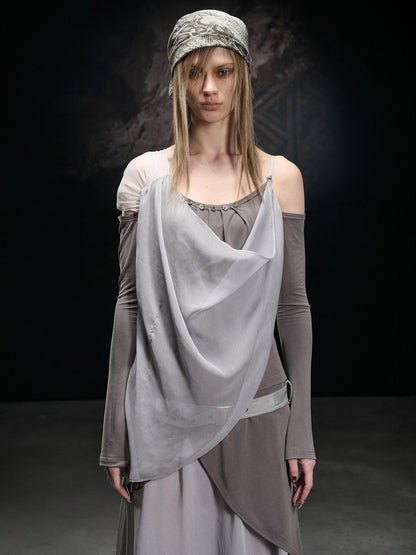 NORTH NODE Chiffon Splice Asymmetric Off Shoulder Women&