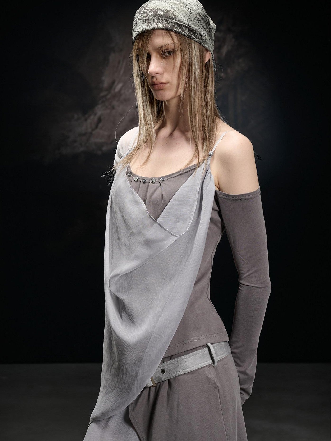 NORTH NODE Chiffon Splice Asymmetric Off Shoulder Women&