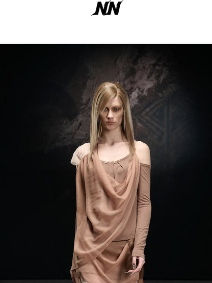 NORTH NODE Chiffon Splice Asymmetric Off Shoulder Women&