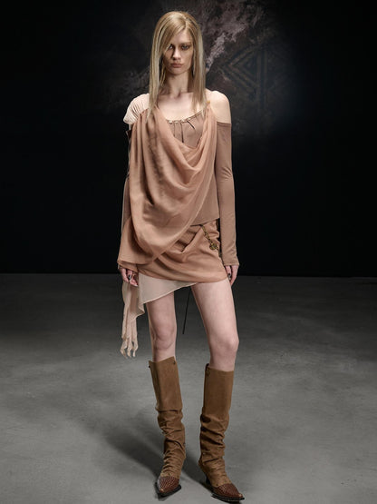 NORTH NODE Chiffon Splice Asymmetric Off Shoulder Women&