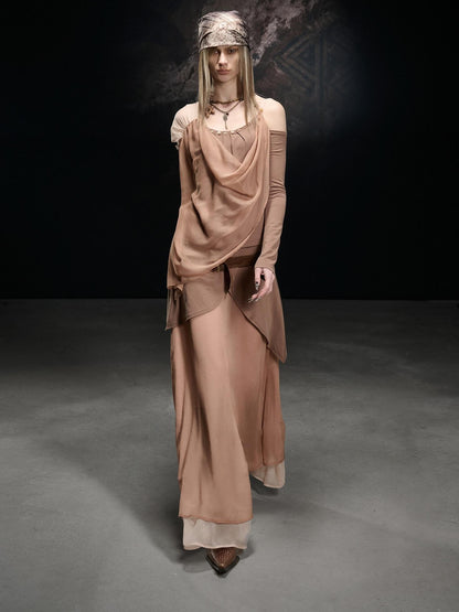 NORTH NODE Chiffon Splice Asymmetric Off Shoulder Women&