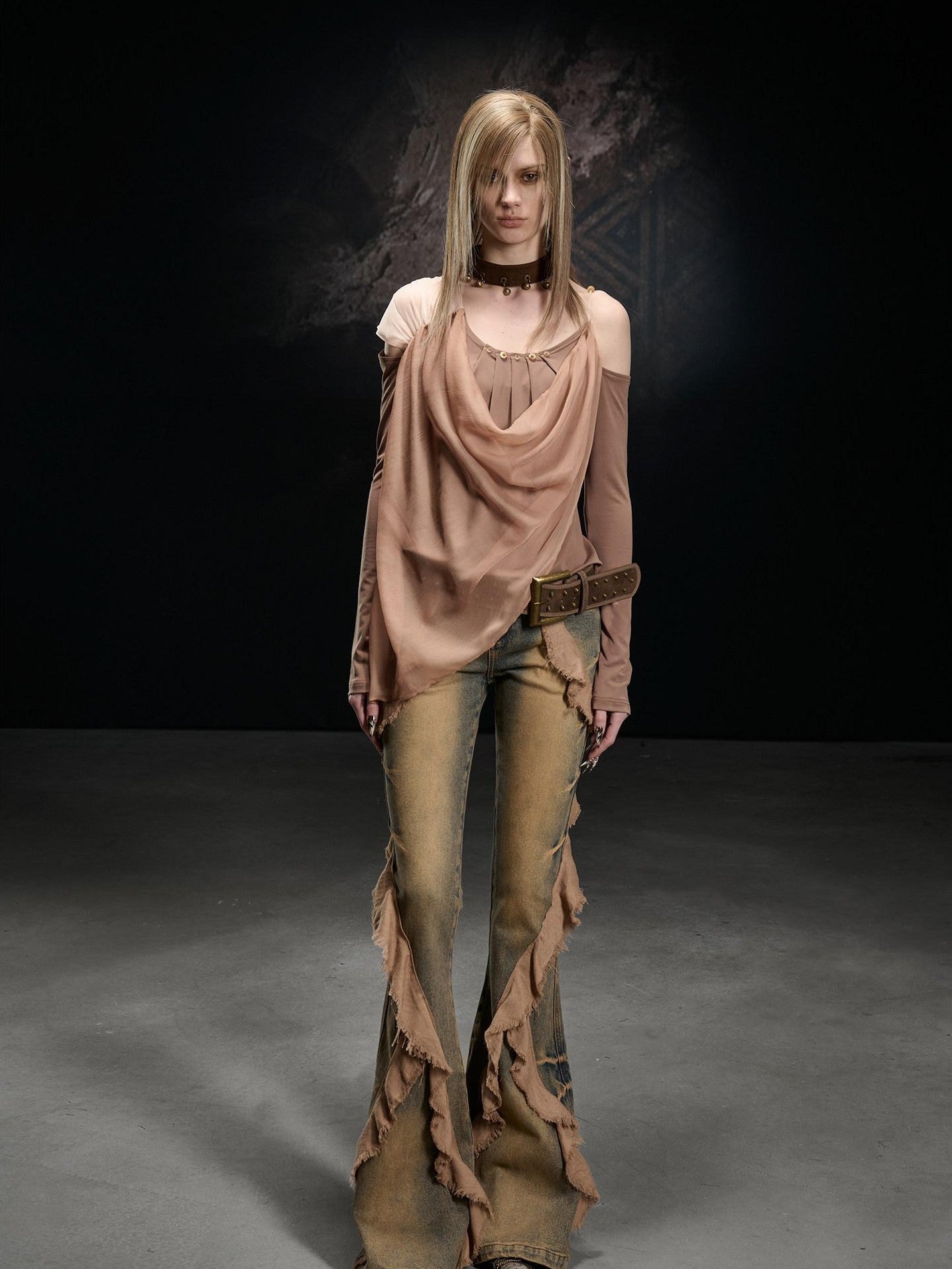 NORTH NODE Chiffon Splice Asymmetric Off Shoulder Women&