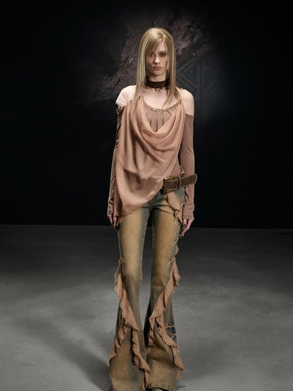 NORTH NODE Chiffon Splice Asymmetric Off Shoulder Women&