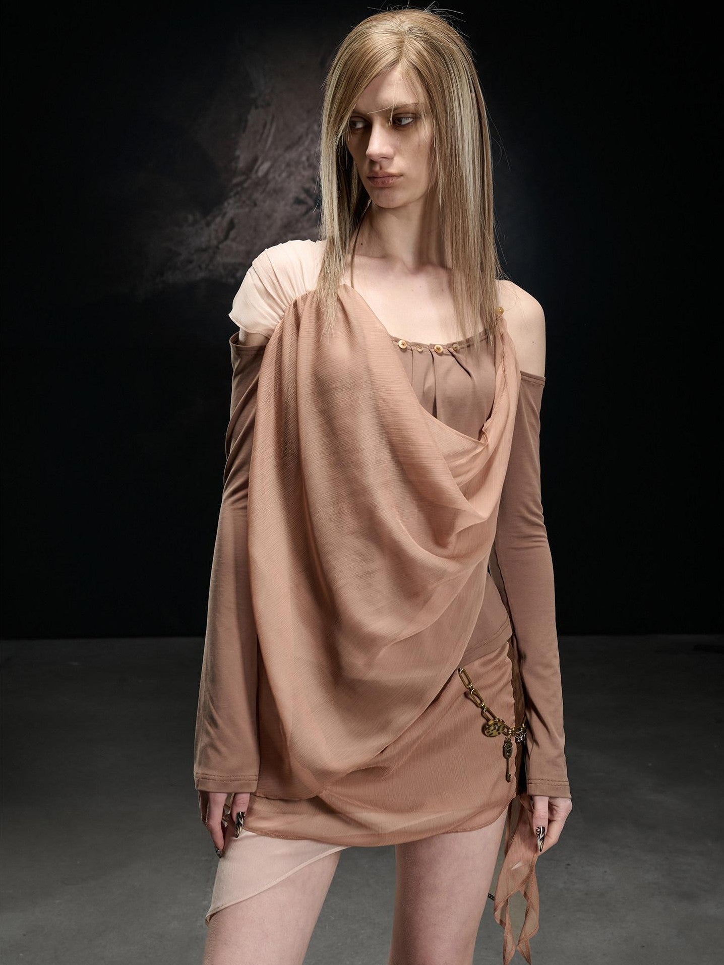 NORTH NODE Chiffon Splice Asymmetric Off Shoulder Women&