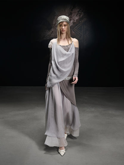 NORTH NODE Chiffon Splice Asymmetric Off Shoulder Women&