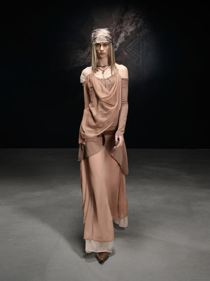 NORTH NODE Chiffon Splice Asymmetric Off Shoulder Women&