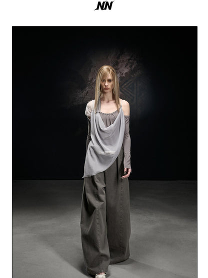 NORTH NODE Chiffon Splice Asymmetric Off Shoulder Women&