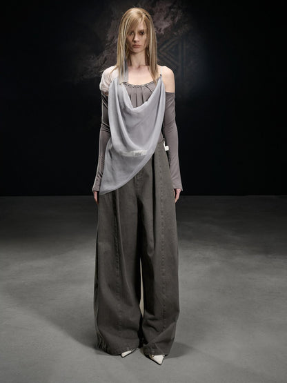 NORTH NODE Chiffon Splice Asymmetric Off Shoulder Women&