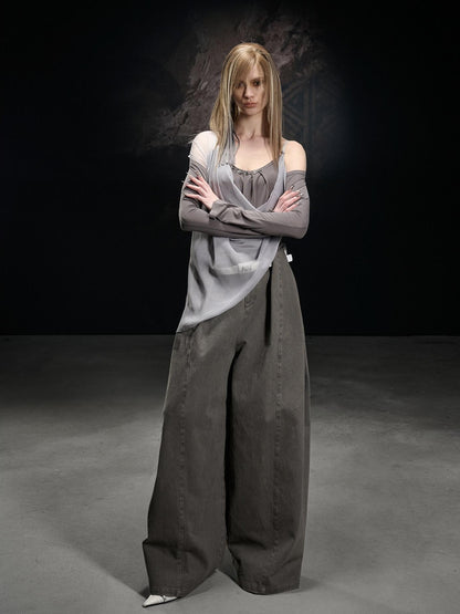 NORTH NODE Chiffon Splice Asymmetric Off Shoulder Women&