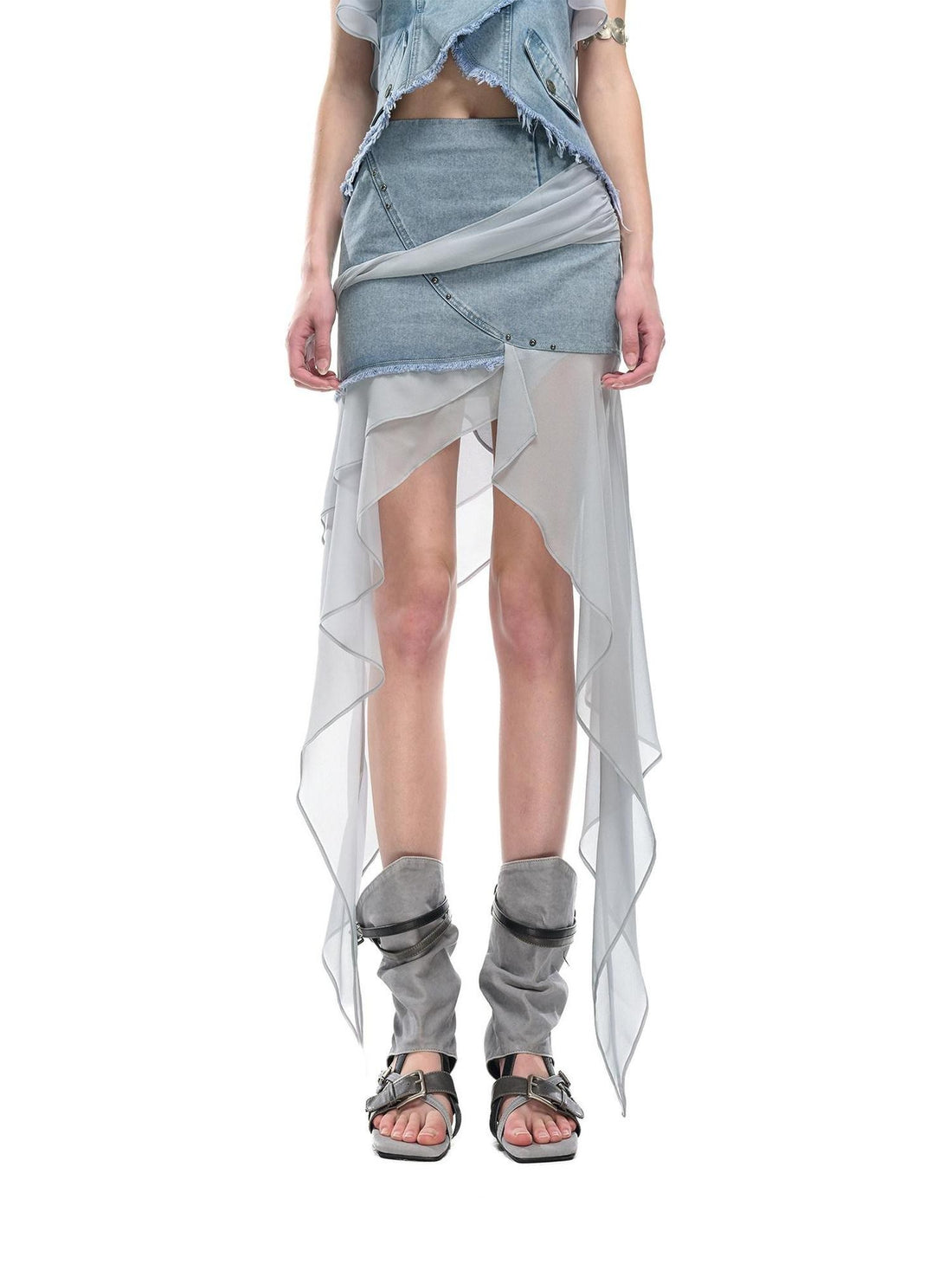 NORTH NODE Chiffon Splice Asymmetric Ruffle A Line Women&