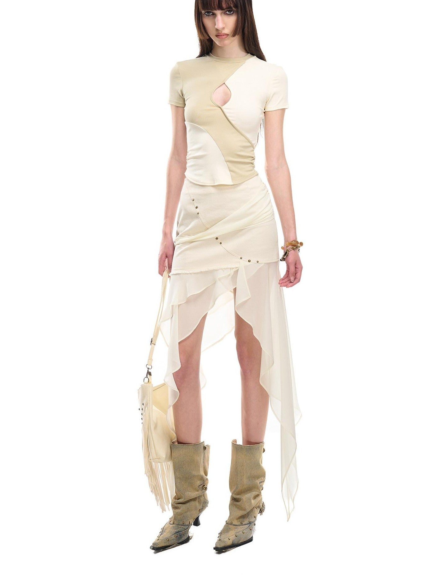 NORTH NODE Chiffon Splice Asymmetric Ruffle A Line Women&