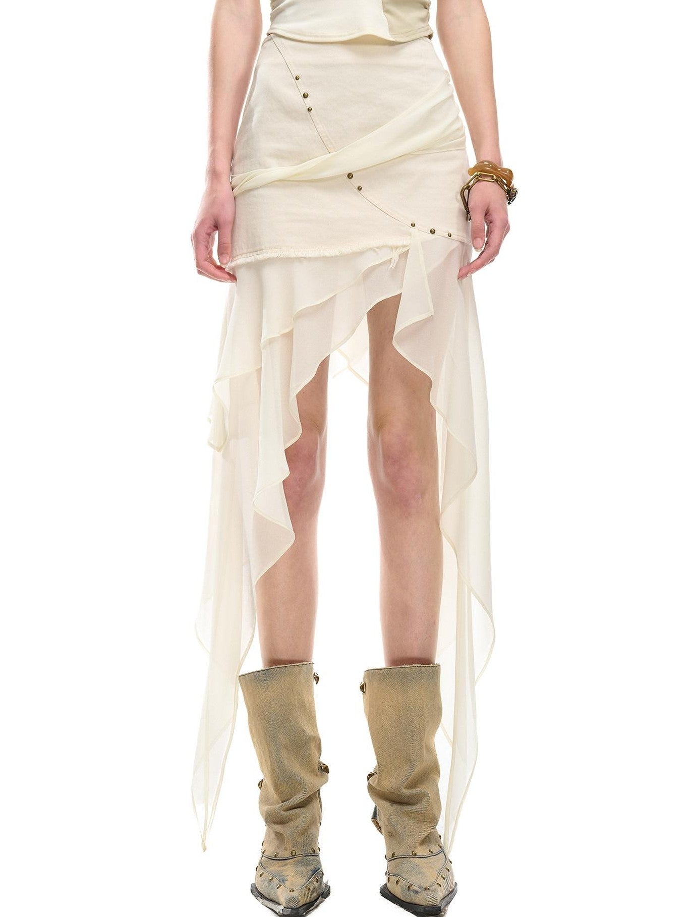 NORTH NODE Chiffon Splice Asymmetric Ruffle A Line Women&