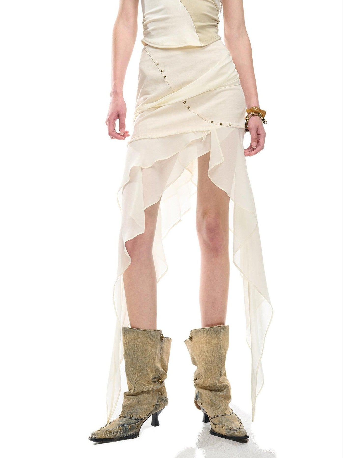 NORTH NODE Chiffon Splice Asymmetric Ruffle A Line Women&