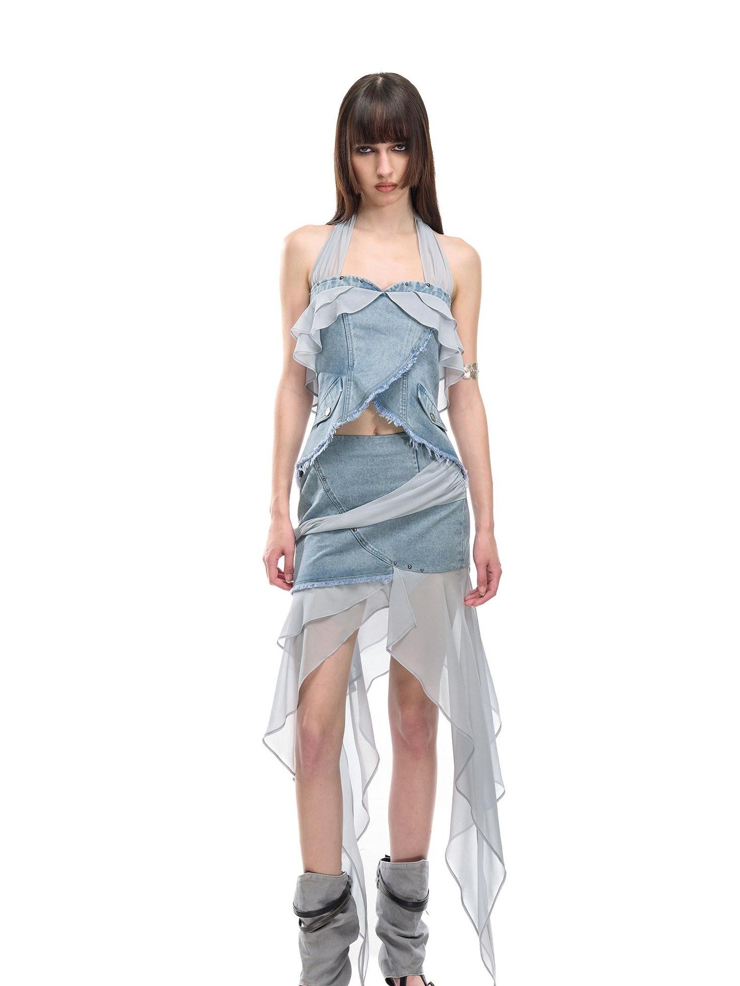 NORTH NODE Chiffon Splice Asymmetric Ruffle A Line Women&