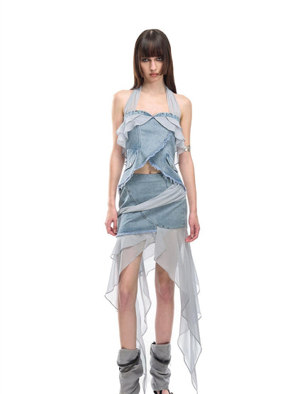 NORTH NODE Chiffon Splice Asymmetric Ruffle A Line Women&