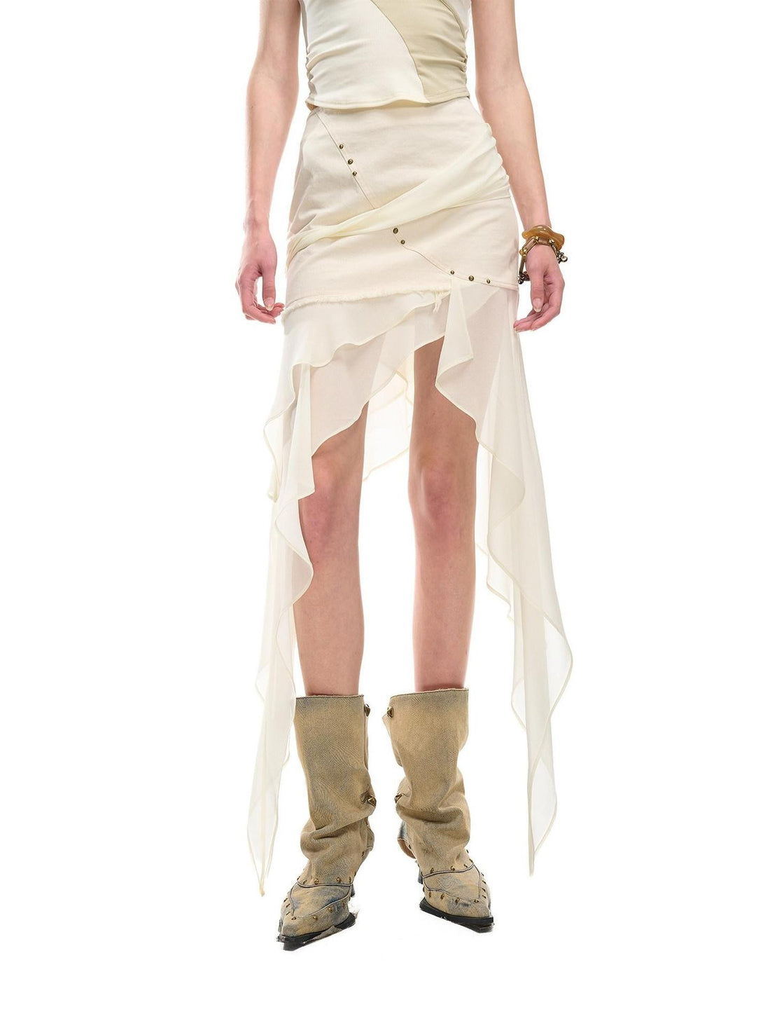 NORTH NODE Chiffon Splice Asymmetric Ruffle A Line Women&