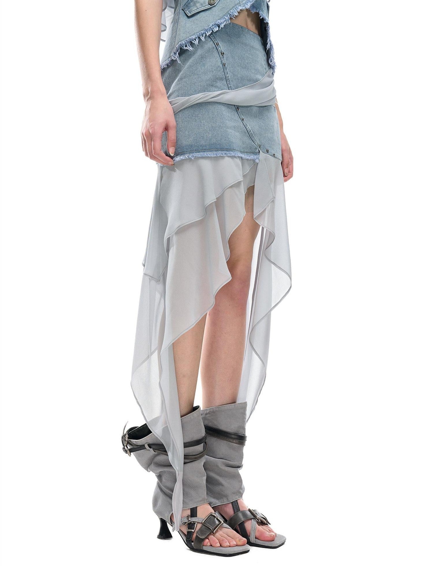 NORTH NODE Chiffon Splice Asymmetric Ruffle A Line Women&