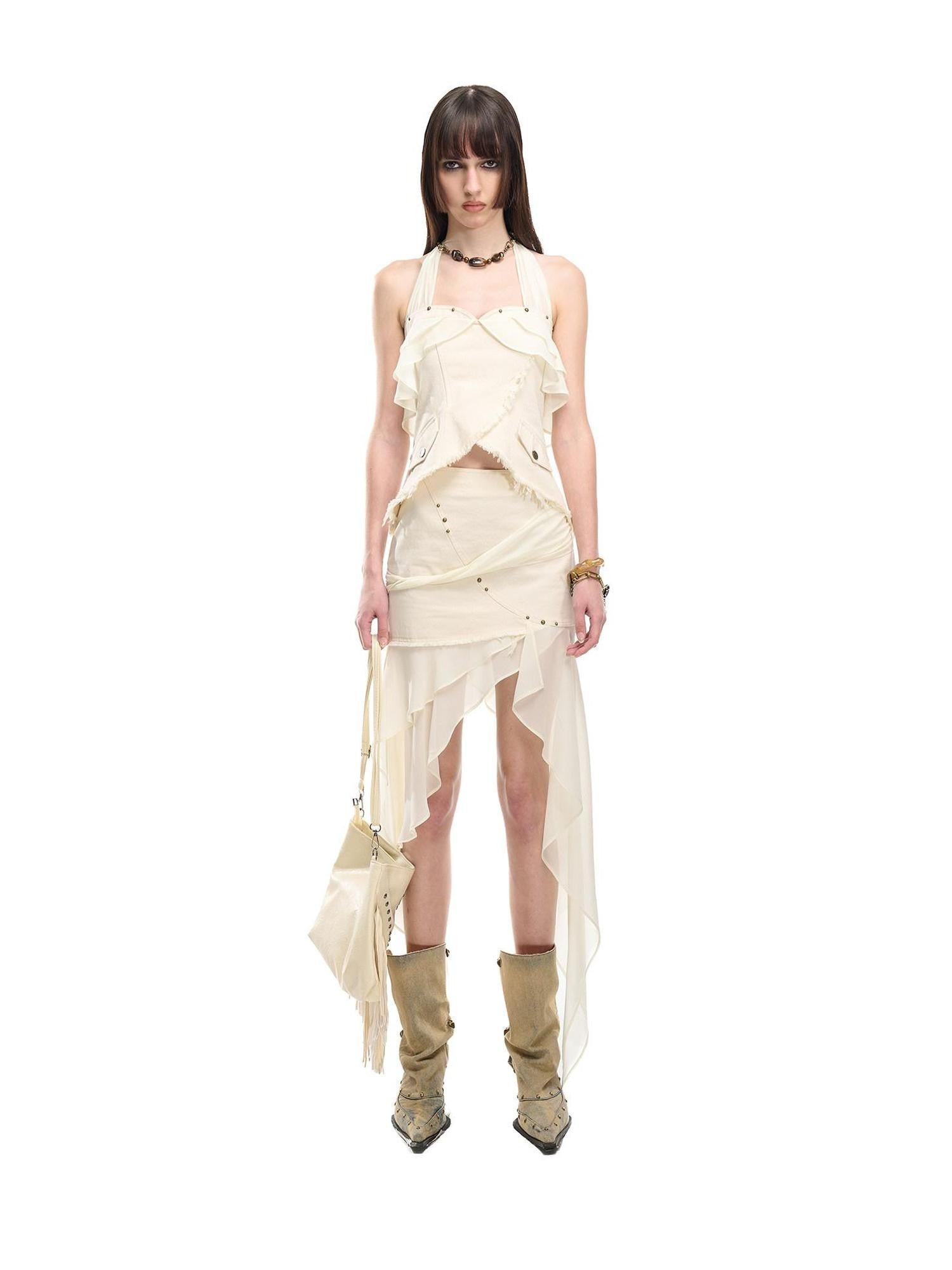NORTH NODE Chiffon Splice Asymmetric Ruffle A Line Women&