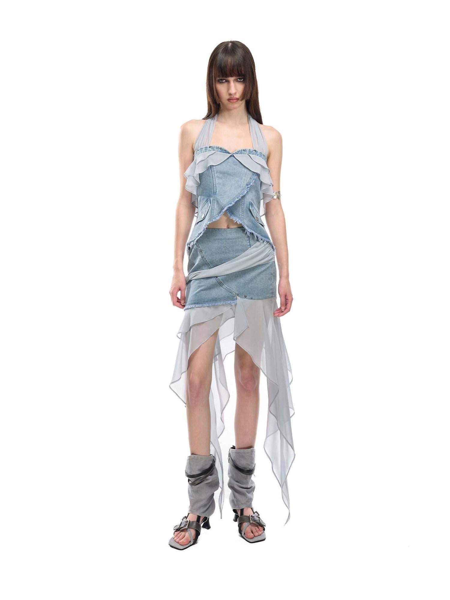 NORTH NODE Chiffon Splice Asymmetric Ruffle A Line Women&