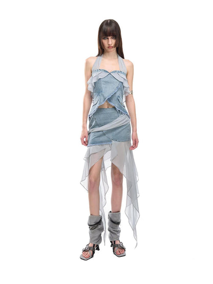 NORTH NODE Chiffon Splice Asymmetric Ruffle A Line Women&