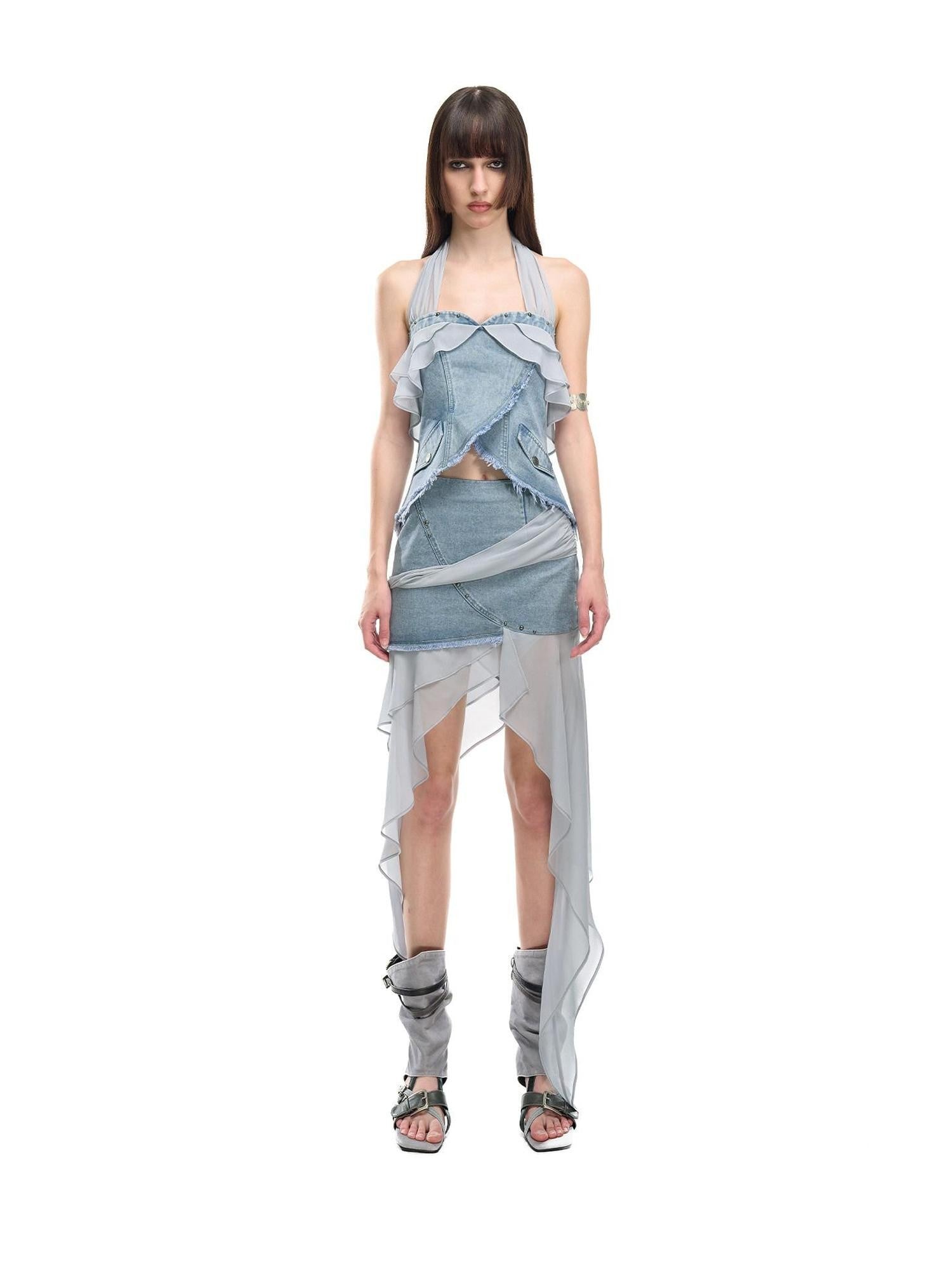 NORTH NODE Chiffon Splice Asymmetric Ruffle A Line Women&