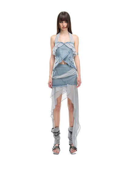 NORTH NODE Chiffon Splice Asymmetric Ruffle A Line Women&