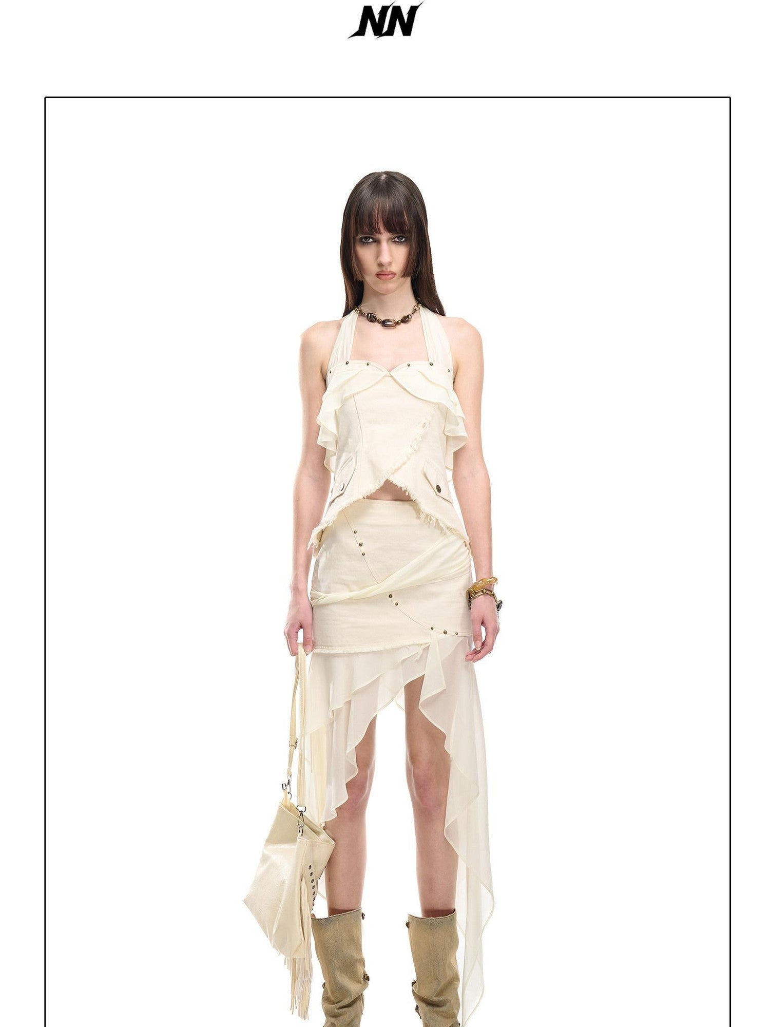 NORTH NODE Chiffon Splice Asymmetric Ruffle A Line Women&