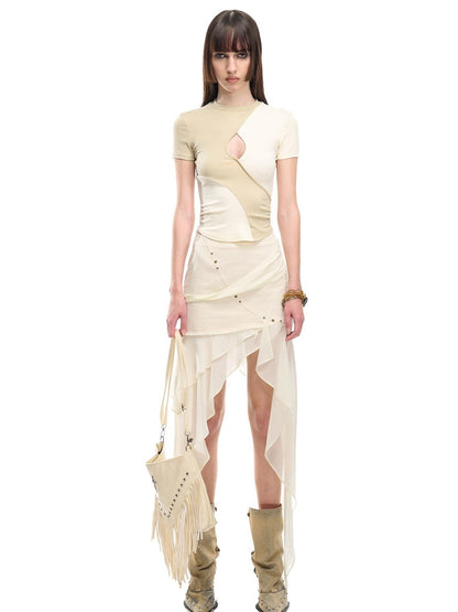 NORTH NODE Chiffon Splice Asymmetric Ruffle A Line Women&