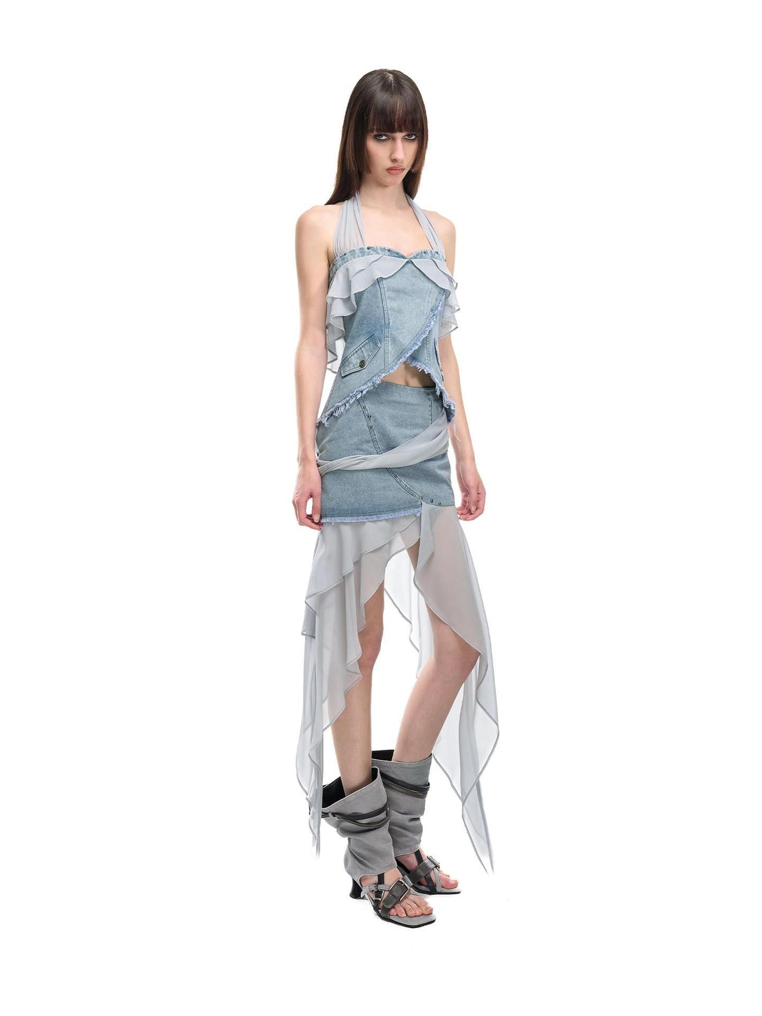 NORTH NODE Chiffon Splice Ruffle Frayed Cropped Women&