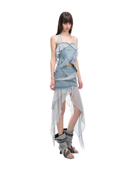NORTH NODE Chiffon Splice Ruffle Frayed Cropped Women&