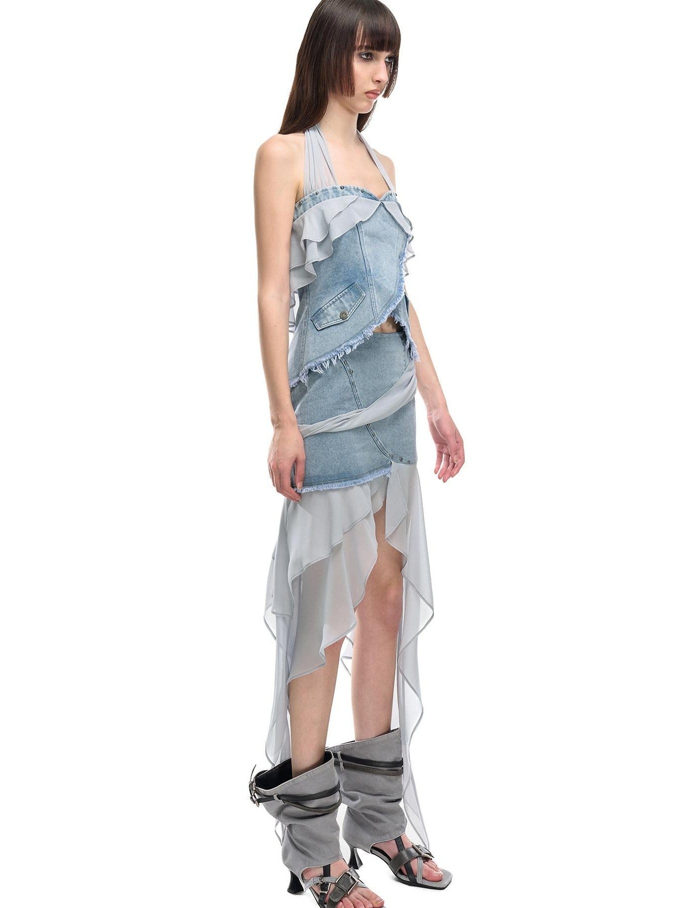 NORTH NODE Chiffon Splice Ruffle Frayed Cropped Women&