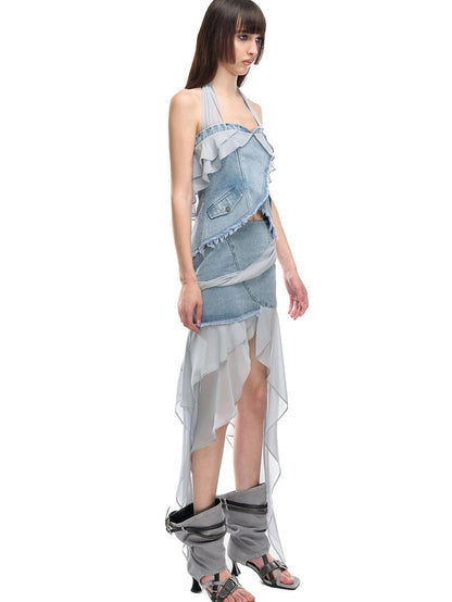 NORTH NODE Chiffon Splice Ruffle Frayed Cropped Women&