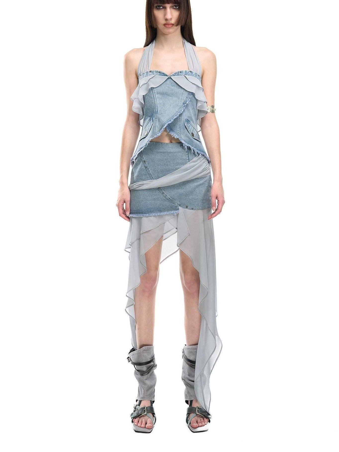 NORTH NODE Chiffon Splice Ruffle Frayed Cropped Women&