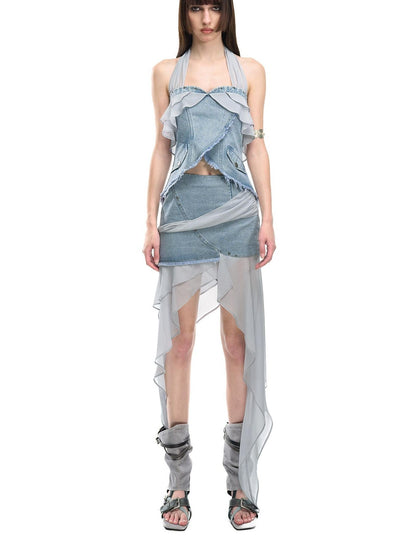 NORTH NODE Chiffon Splice Ruffle Frayed Cropped Women&