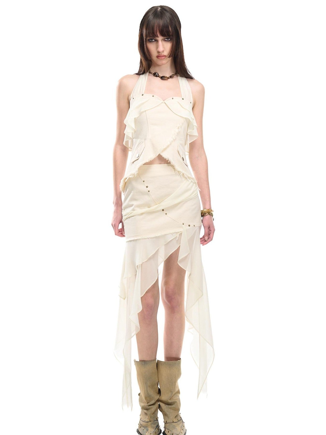 NORTH NODE Chiffon Splice Ruffle Frayed Cropped Women&