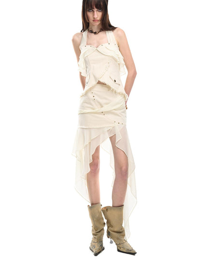 NORTH NODE Chiffon Splice Ruffle Frayed Cropped Women&