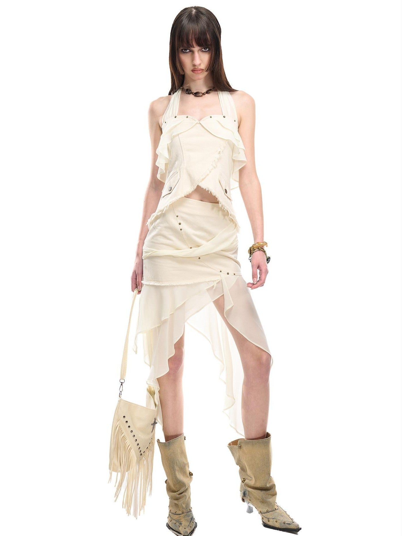 NORTH NODE Chiffon Splice Ruffle Frayed Cropped Women&