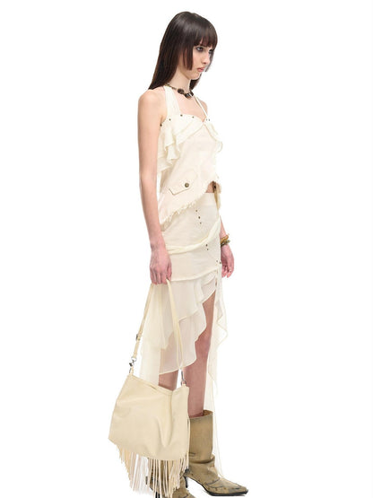 NORTH NODE Chiffon Splice Ruffle Frayed Cropped Women&