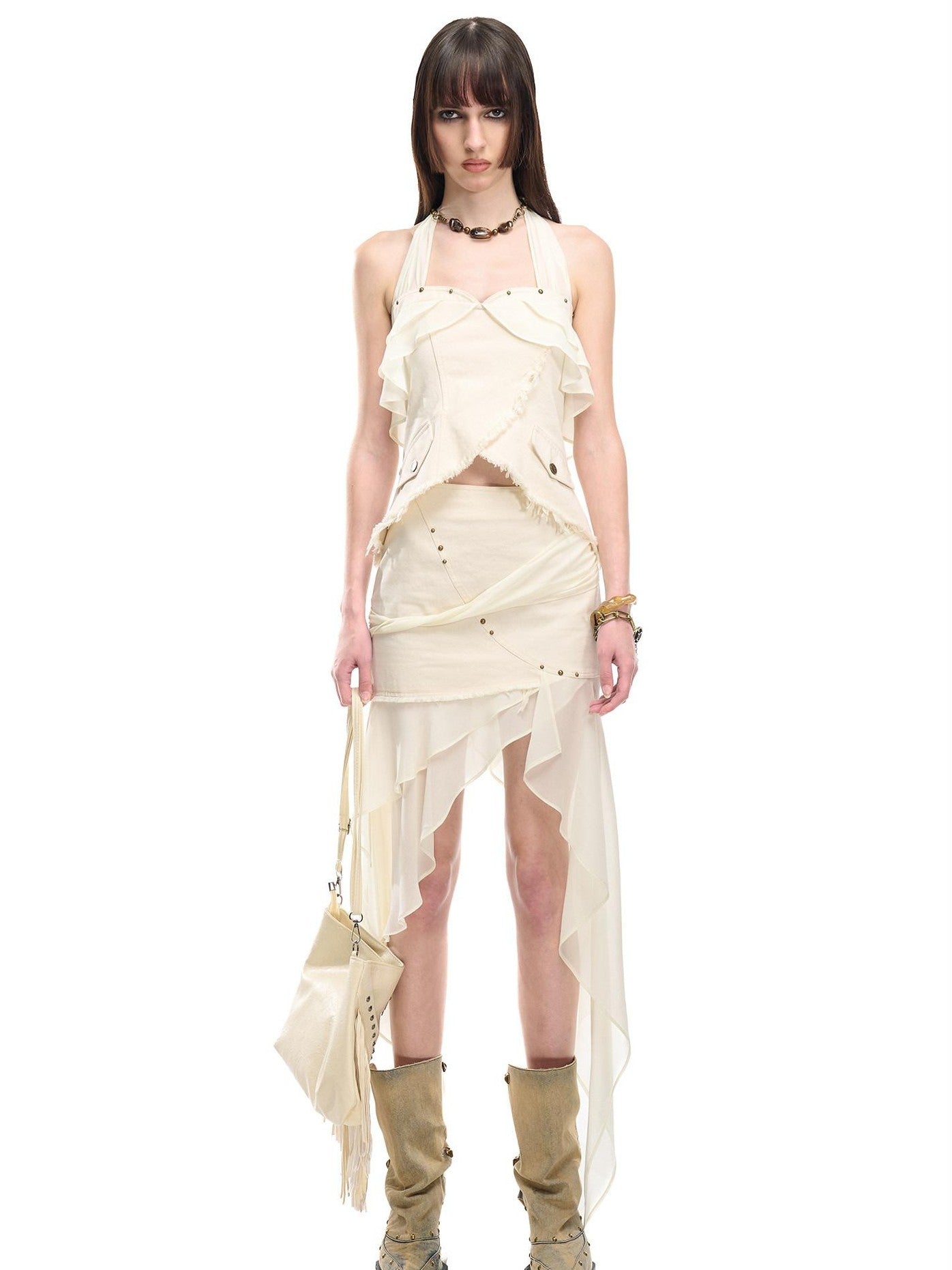 NORTH NODE Chiffon Splice Ruffle Frayed Cropped Women&