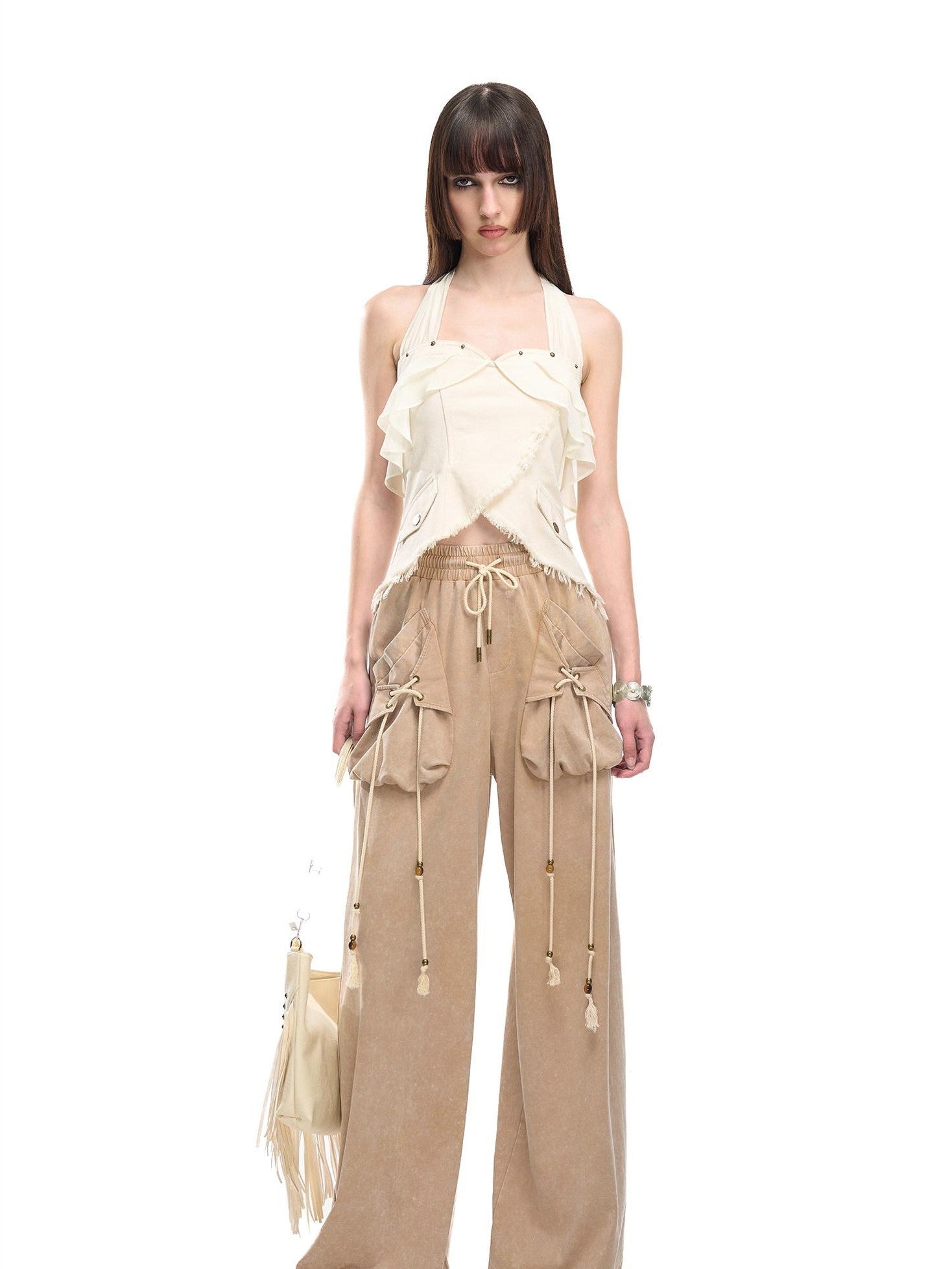NORTH NODE Chiffon Splice Ruffle Frayed Cropped Women&