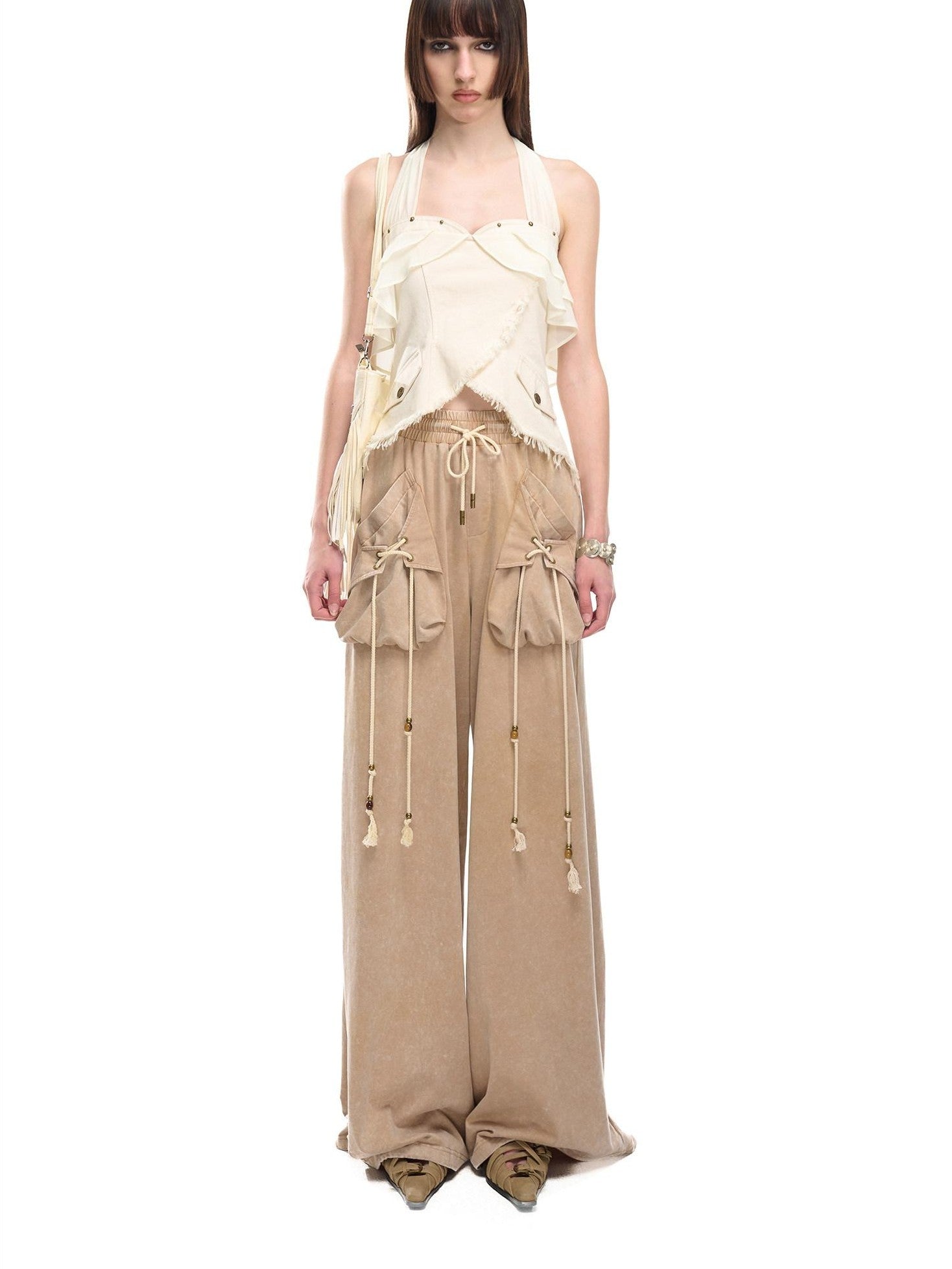 NORTH NODE Chiffon Splice Ruffle Frayed Cropped Women&